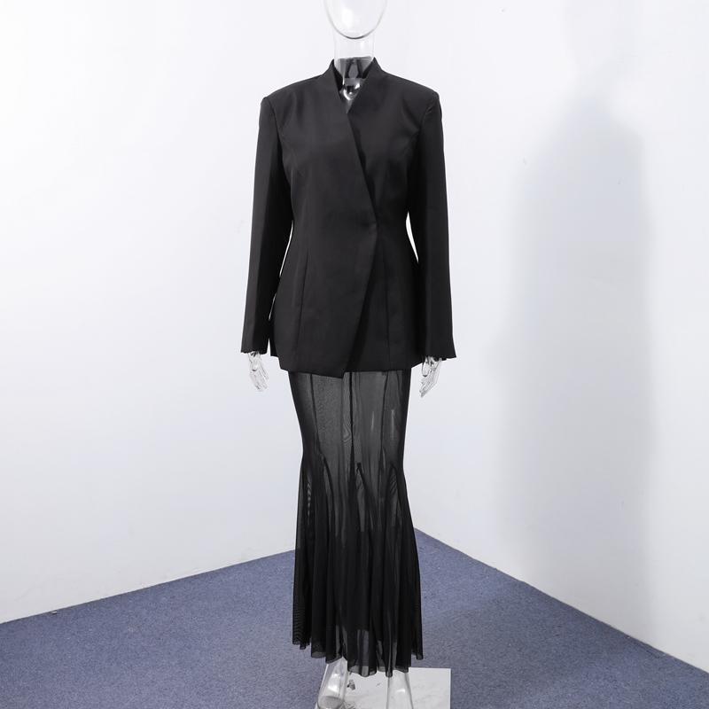 

2025 Новый женский пиджак с V-образным вырезом, пальто, офисный наряд, сексуальный сетчатый костюм с длинными юбками, элегантный однотонный комплект для клубной вечеринки из 2 предметов S чёрный