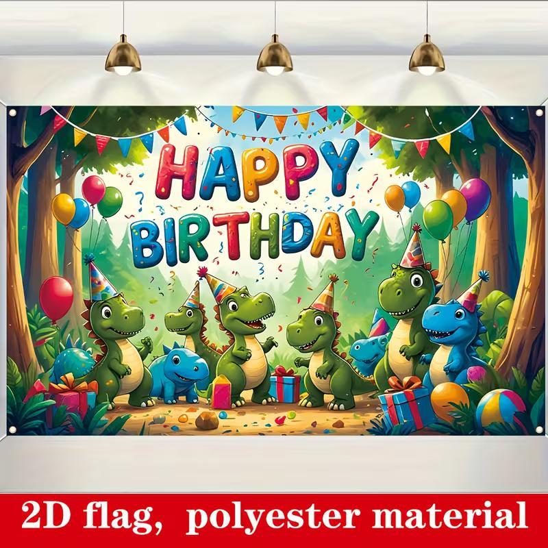 2D Dinosaur Happy Birthday Backdrop with Cartoon Dinosaurs, Gifts & Balloons