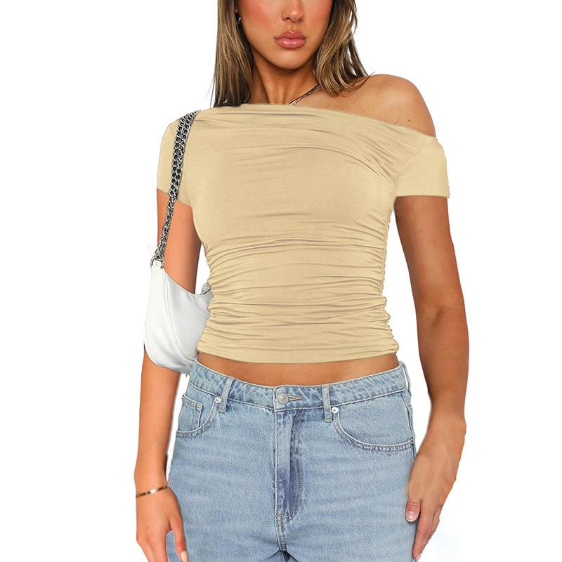 High Elasticity Fabric Solid Color Slash Shoulder Short Sleeve Shrinkage Pleated Navel Reveal Top Ladies Casual Tops