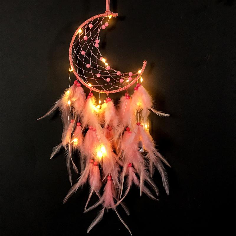 חַם! עיצוב תליית קיר לוכד חלומות תליון מנורת נוצה קישוט ירח ארוג ביד