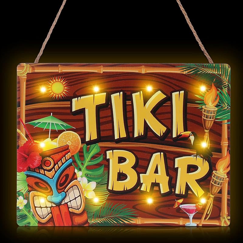 Tiki Bar Sign Hawaiian Luau Party Decoration Supplies - Wooden LED Light Plaque for Aloha Hawaii Tropical Birthday - Totem Hut Hanging Sign for Home Tiki