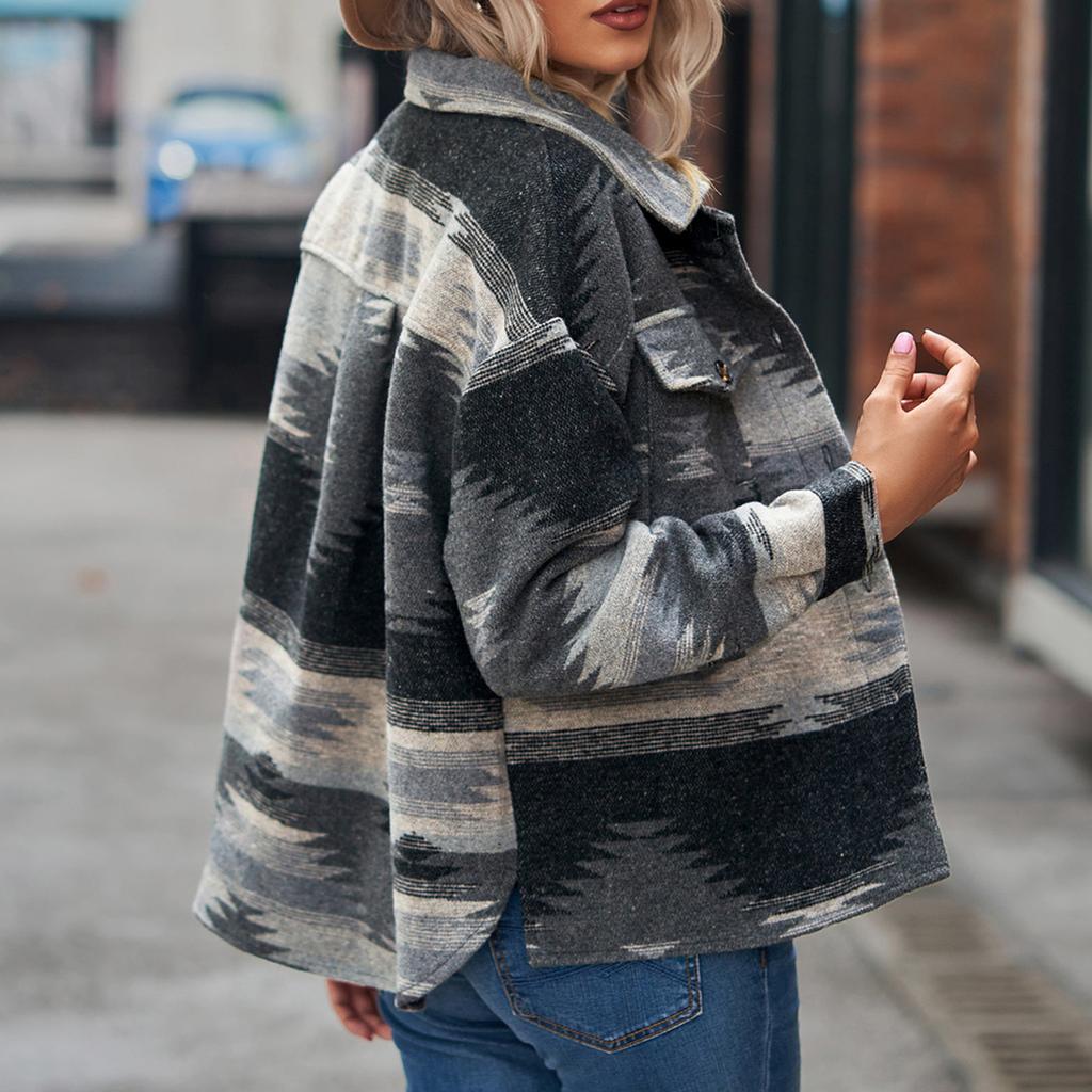 Women's Fashion Long-Sleeved Button-Printed Lapel Wool Coat