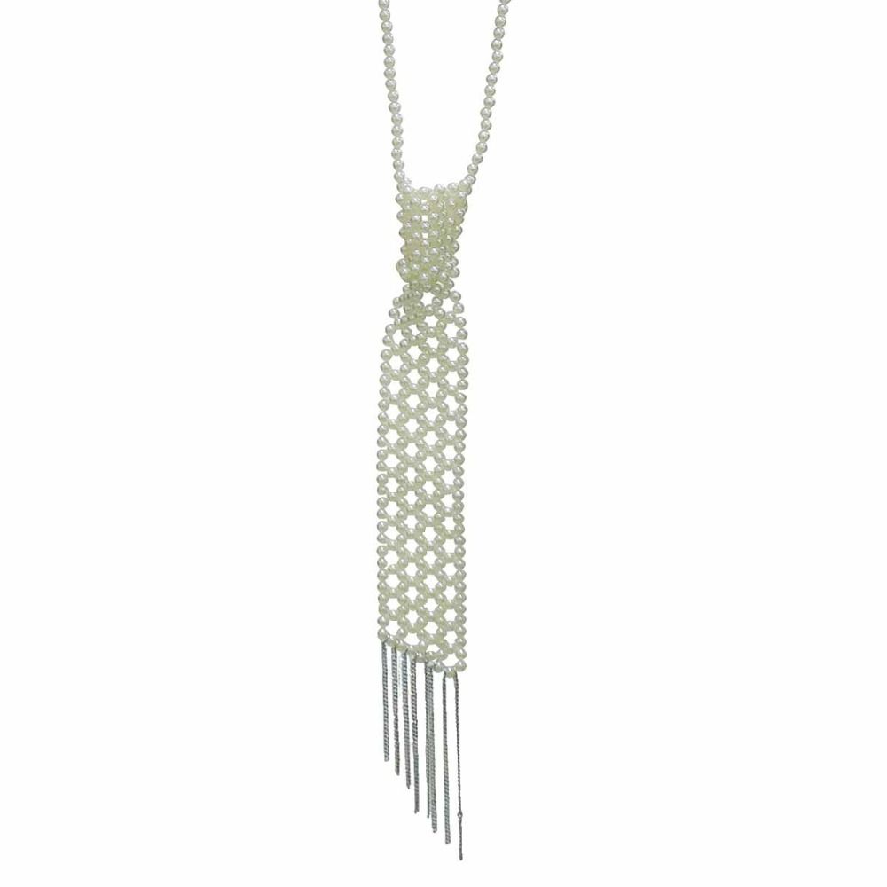 Minimalist Pearl Tie Woven Beads Necktie Long Necklace Tassel Necklace  Women