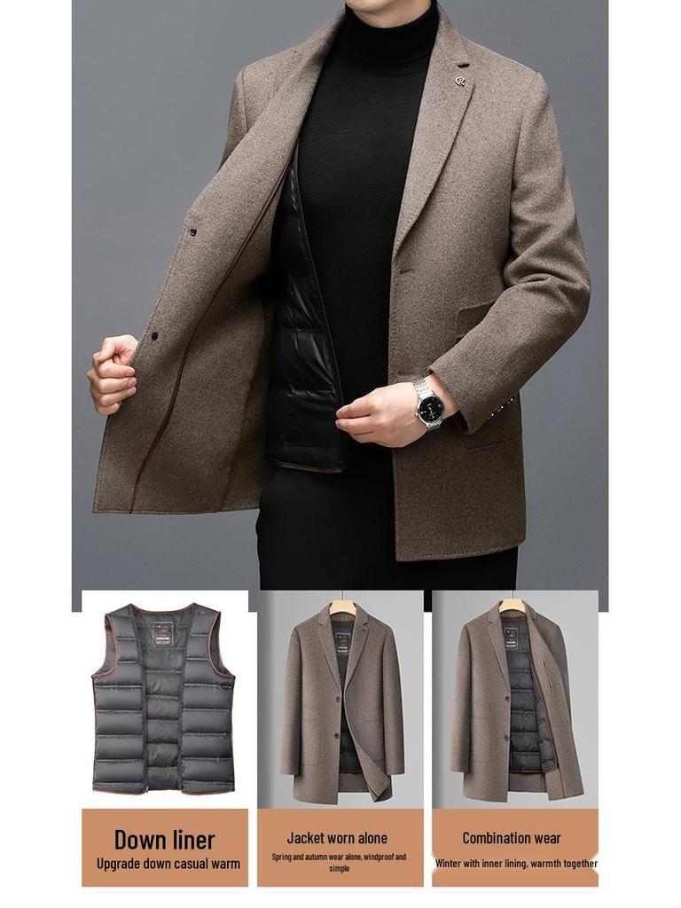 Herren Mittellanger High-End Kaschmirmantel mit abnehmbarem Daunenfutter und Anzugkragen für Herbst/Winter.