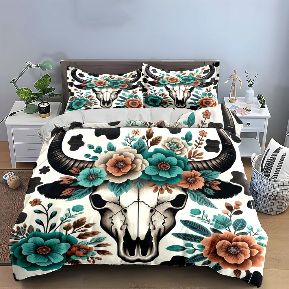 Floral Bull Skull Bedding Set Bedding Duvet Cover Set Duvet Cover Pillowcases (1 * Duvet Cover 2 * Pillowcases, Without Duvet Insert)