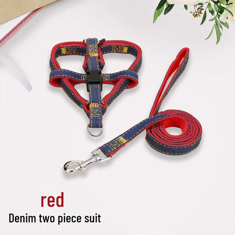 Denim Dog Leash and Harness Set with Teddy Chain for Small To Medium Dogs