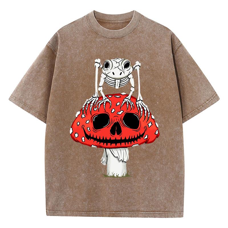 Cottagecore Mushrooms Skeleton Frog Print Women Washed T Shirt Summer Cotton T-Shirt Casual O-Neck Clothes