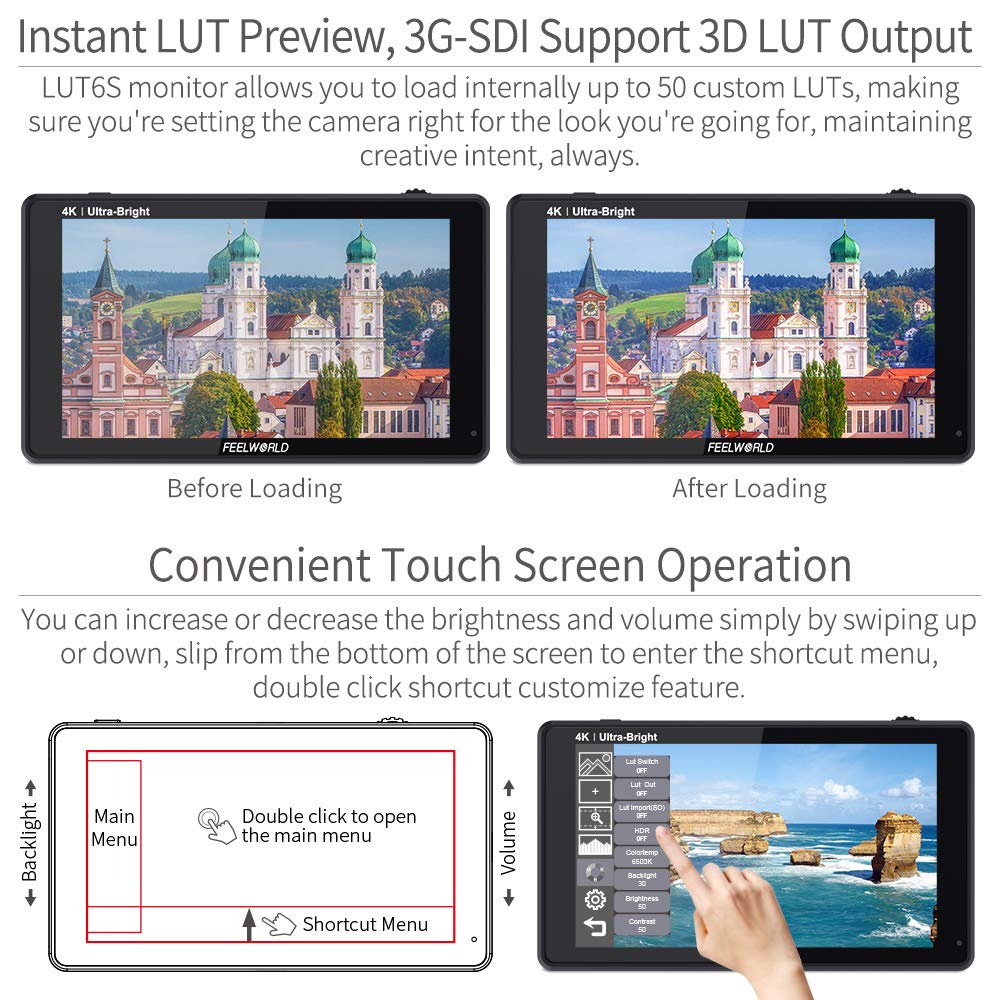 FEELWORLD LUT6S 2600nits LUT Touchscreen DSLR Camera Field Monitor with 4K 1920x1080 IPS 6-inch Ultra-Bright HDR/3D Waveform, Vectorscope, Histogram,