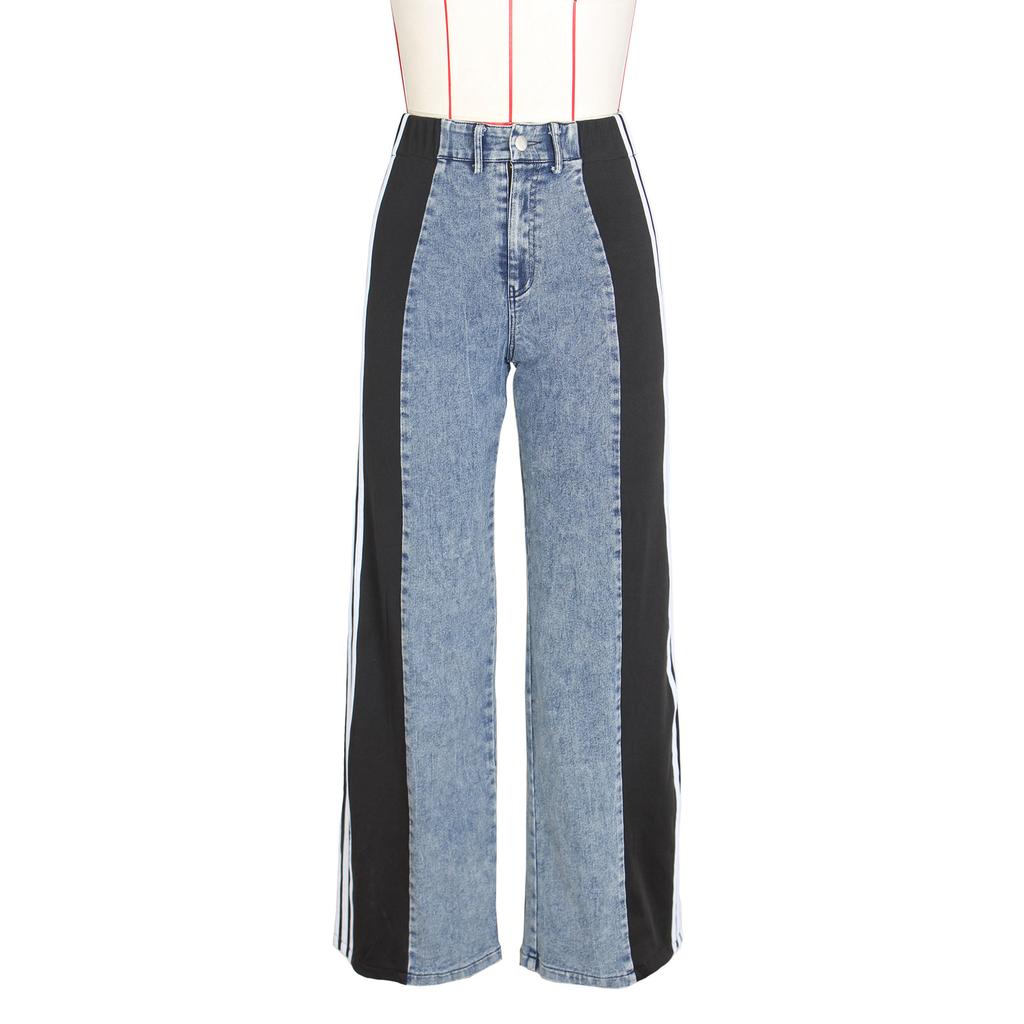 New Women's Patchwork Three-Stripe Wide Leg Jeans, Fashion Denim Straight Leg Stretch Pants for Casual Wear