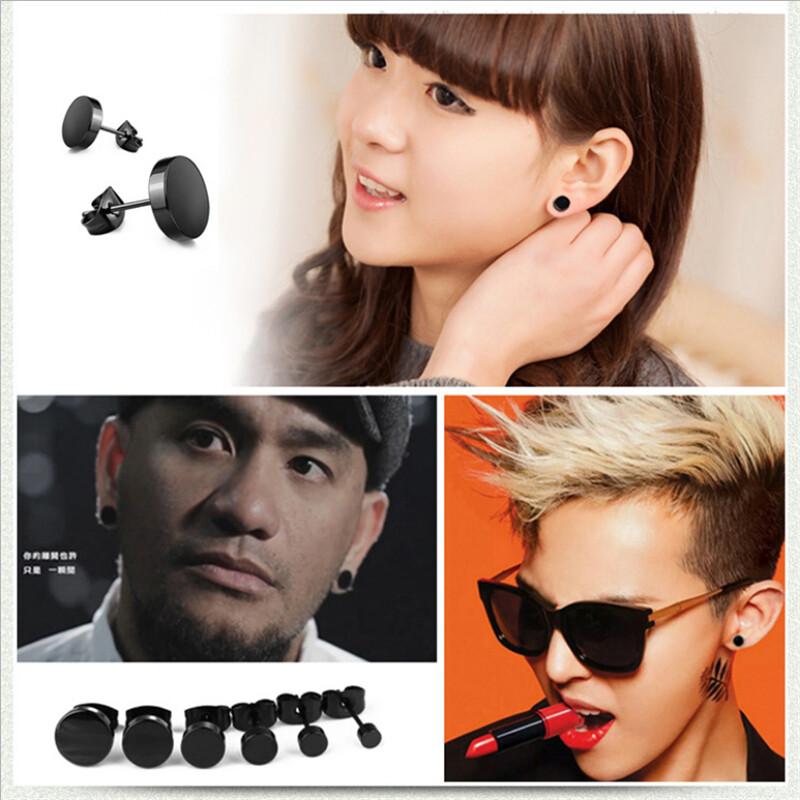 2PC Stainless Steel Men Unisex Fake Black Ear Stretcher Plugs Cheater Earrings