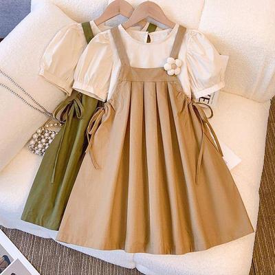 2024 Summer Korean Casual Skirt Suit for Girls - Fashionable Puff Sleeve Top & Skirt Two-Piece Set for Older Kids
