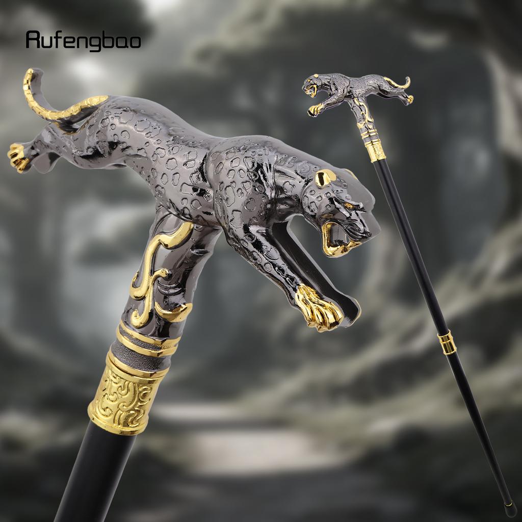 Gold-Schwarz Laufender Leopard mit Schwanz Gehstock Dekorativ Cosplay Party Modischer Stock Halloween Krummstab Stock 94cm