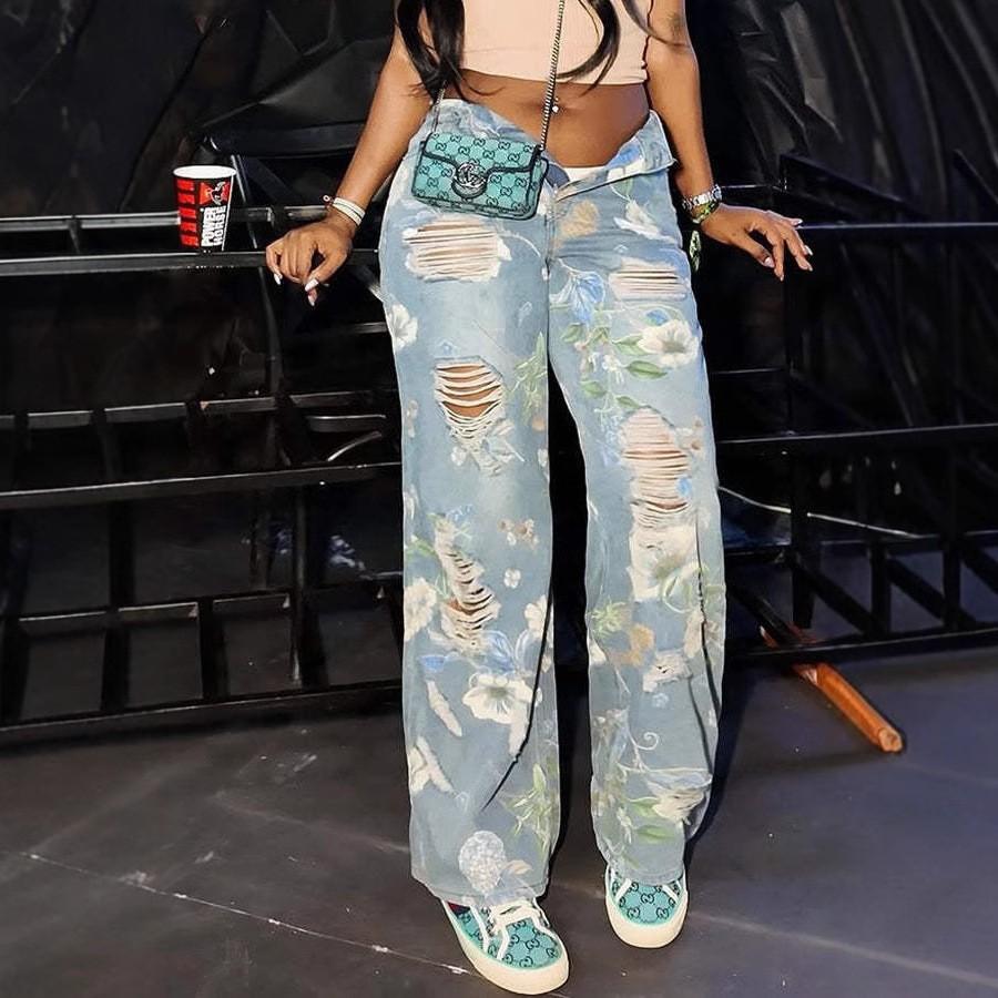 

European and American spring new flower graffiti printing ripped high waist loose straight jeans XXL світло-синій колір