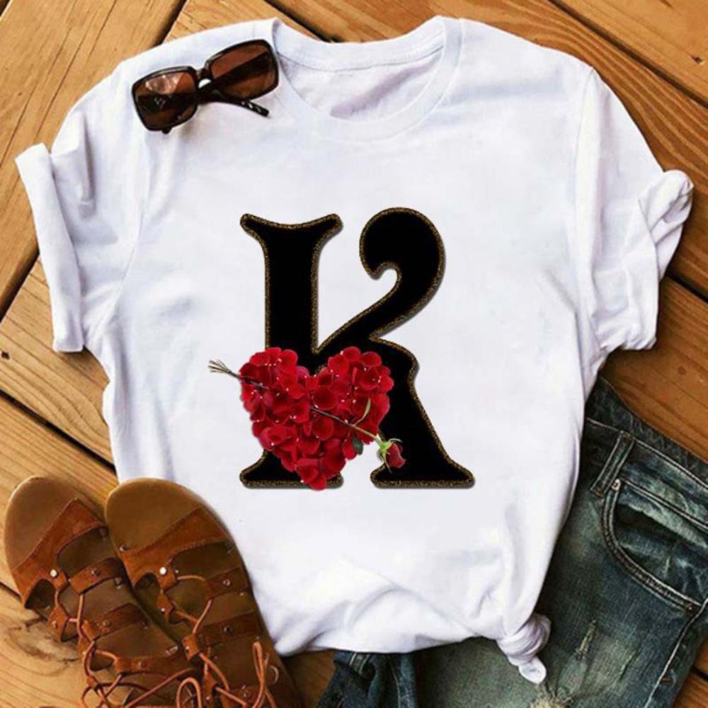 Rose ABC Alphabet Graphic Print White Tee Women Casual Loose Oversize Shirt Top Daily Wear Durable Plus Size Short Sleeve