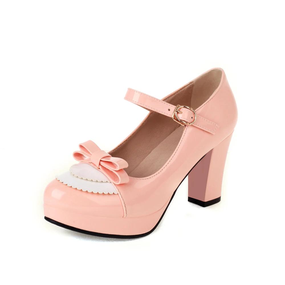 Fashion Women Platform Pumps Sweet Bowtie Shoes Vintage Chunky Female High Heels Party Wedding Prom Footwear Girls Shoes Big Size 33-43