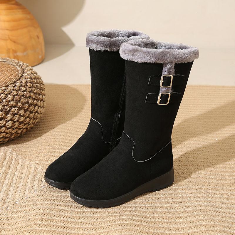 

Зимние женские черные ботинки до середины голени, классические ботинки на низком каблуке, танкетке, с боковой молнией, длинные ботинки для активного отдыха, снегоступы с плюшевой подкладкой 40
