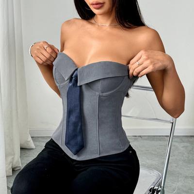 Vestă Sexy cu Umeri Goi, cu Rever Fals și Decor cu Cravată, Maiou Fără Mâneci, Design Petrecut, Croială Slim, Croială Tridimensională, Topuri pentru Femei