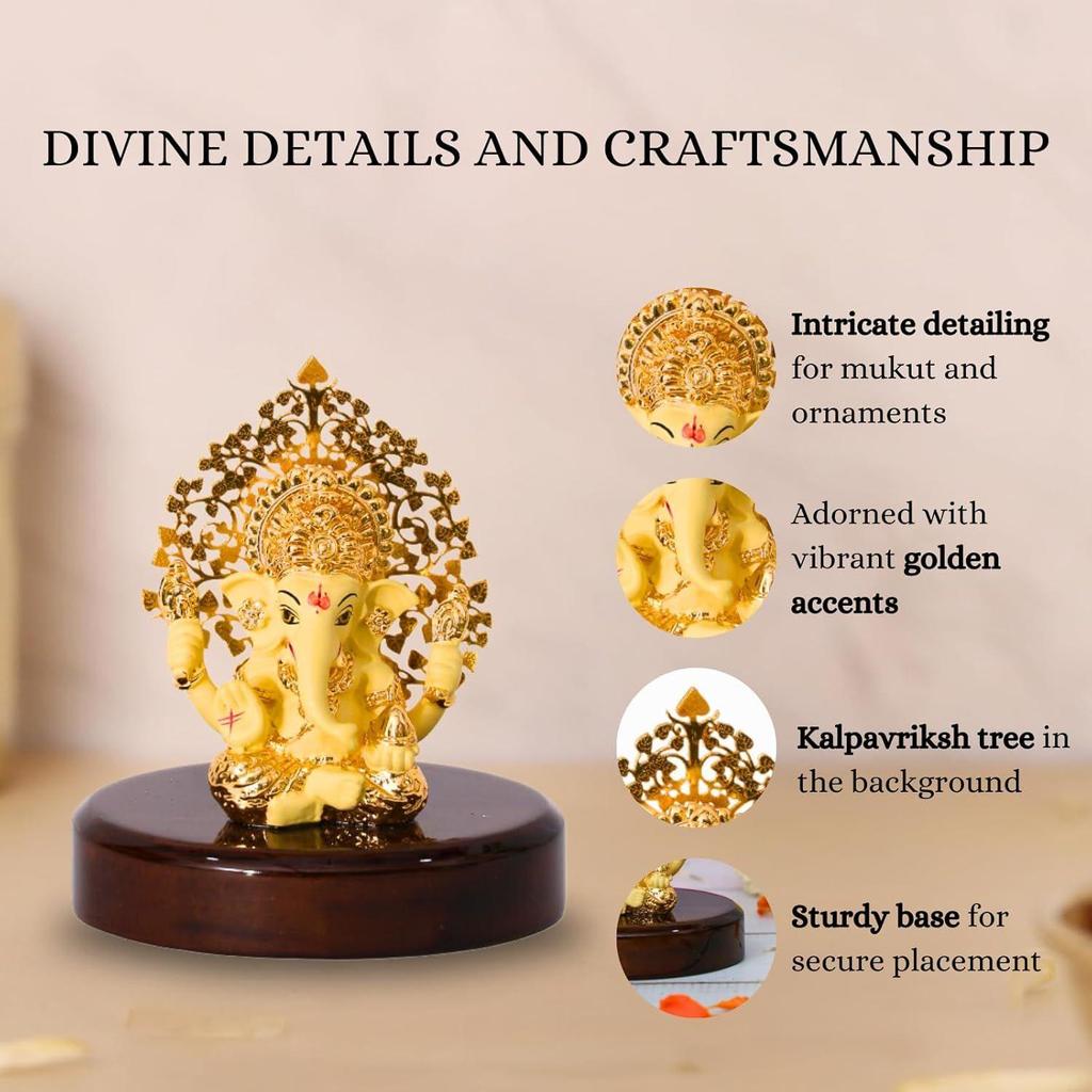 Kalpavrikshya Tree Ganesh Idol Ganpati Murti for Car Dashboard, Office Desk, Hindu God Gift & Home Decor - Resin (Yellow)
