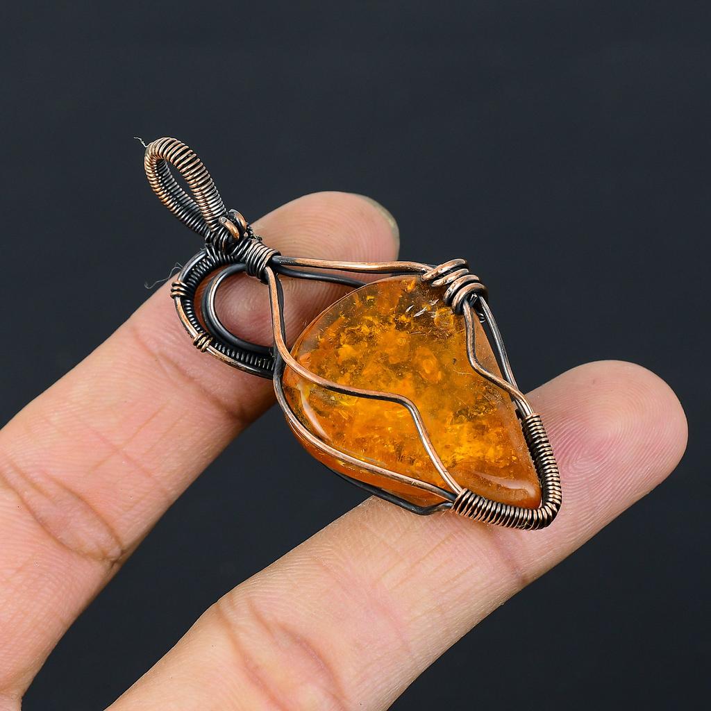 Natural Baltic Amber Gemstone Handmade Copper Wire Wrap Pendant 2.44" u4N72