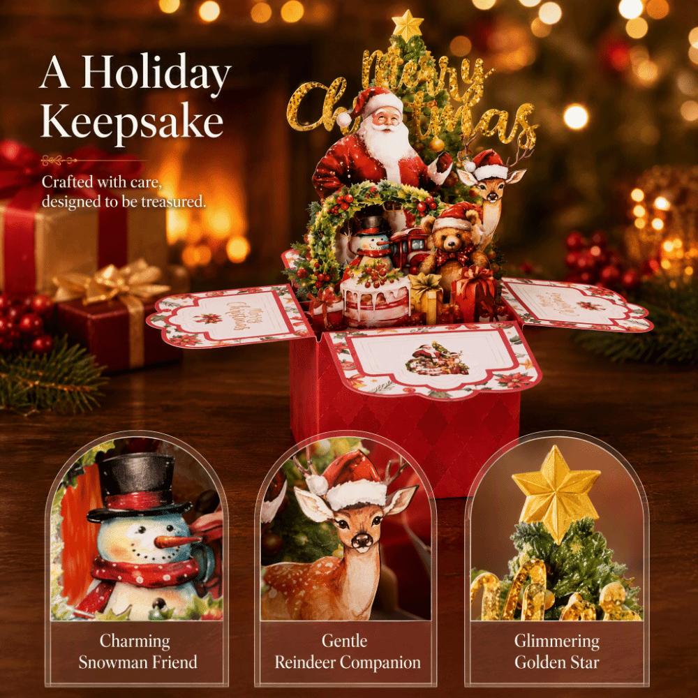 Cartoon Pattern 3D Pop Up Card 4-Layer Holiday Postcard Vintage Christmas Greeting Card Office