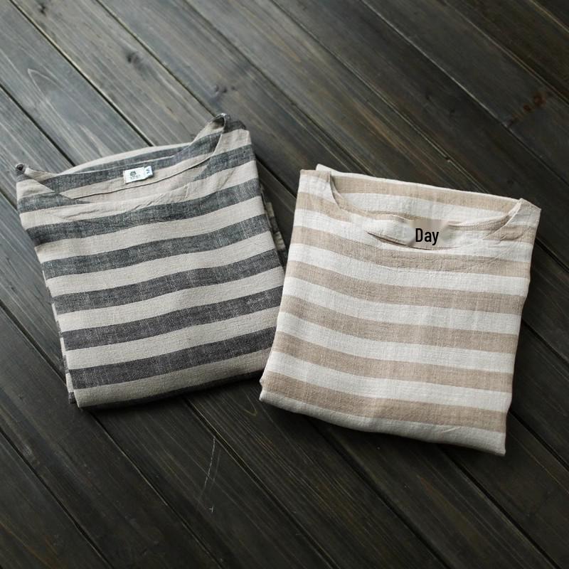 2024 Spring Ethnic-Style Mid-Length Striped Cotton Linen Dress for Women