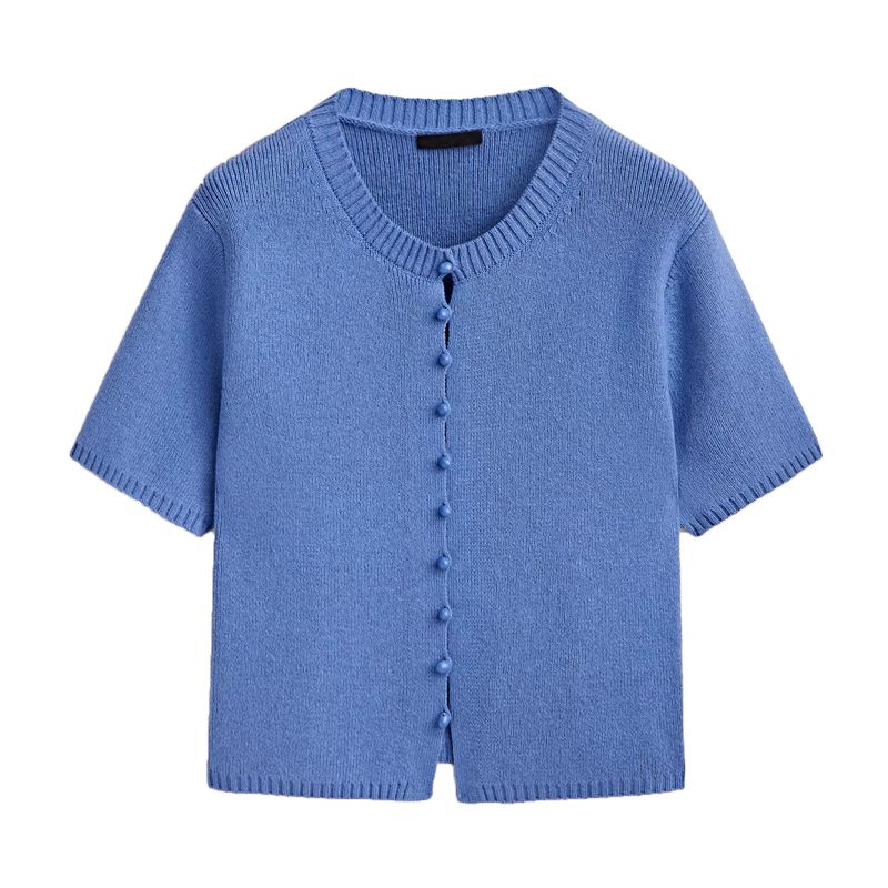MD Early Autumn New Arrival Gentle Lady Simple Cotton Blended Button Short Blue Knitting Cardigan 5704582