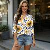 Women 3/4 Sleeve V Neck Henley Floral Print Pullover Casual T Shirt Top Lightweight Soft Fabric Comfortable Fit