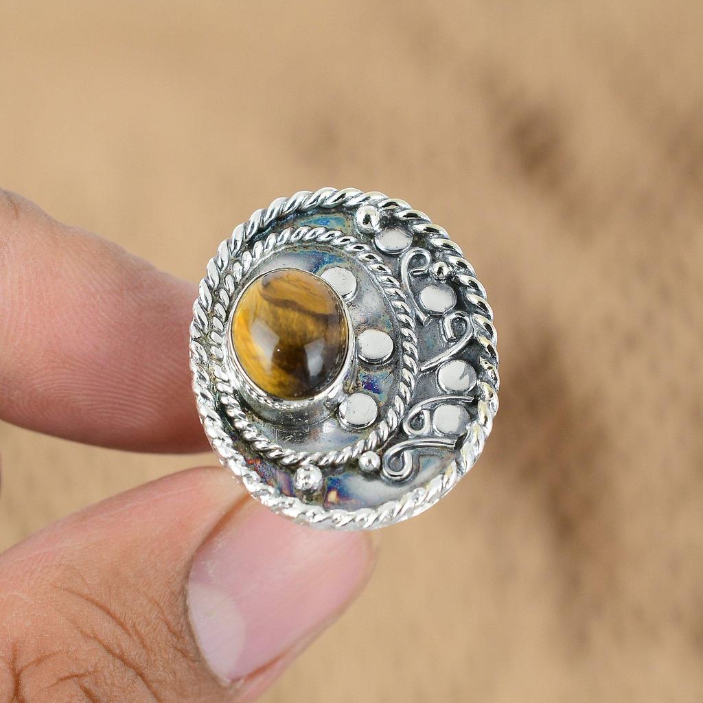 Mothers day Sale Sterling Silver Oval Tiger's Eye Stone Engagement Ring Jewelry
