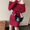 Retro sexy babes one-word shoulder long-sleeved dress women's spring new slim-fit inner niche hip-wrapped short skirt
