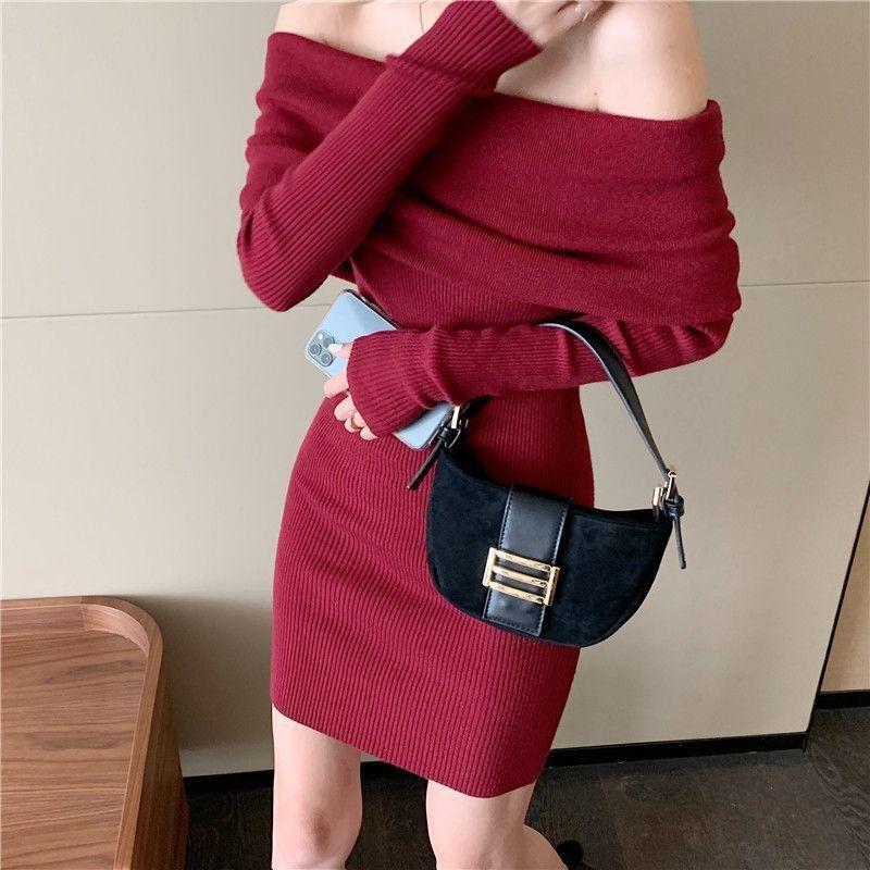 Retro sexy babes one-word shoulder long-sleeved dress women's spring new slim-fit inner niche hip-wrapped short skirt