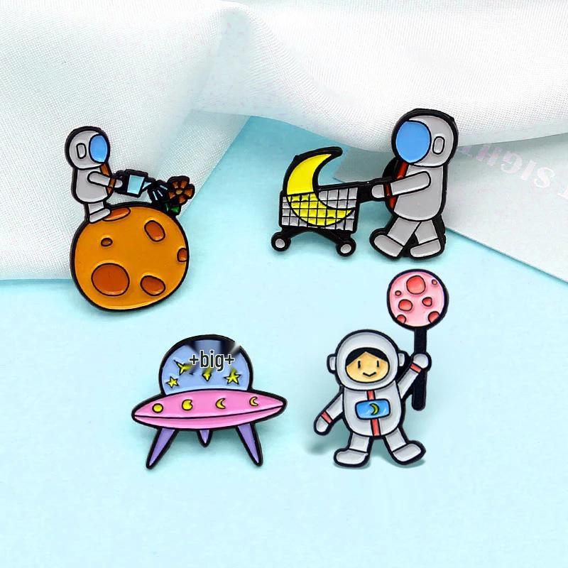 Happy Astronaut Brooch: Moon, Lollipop, Alien Plants & Spaceship Design