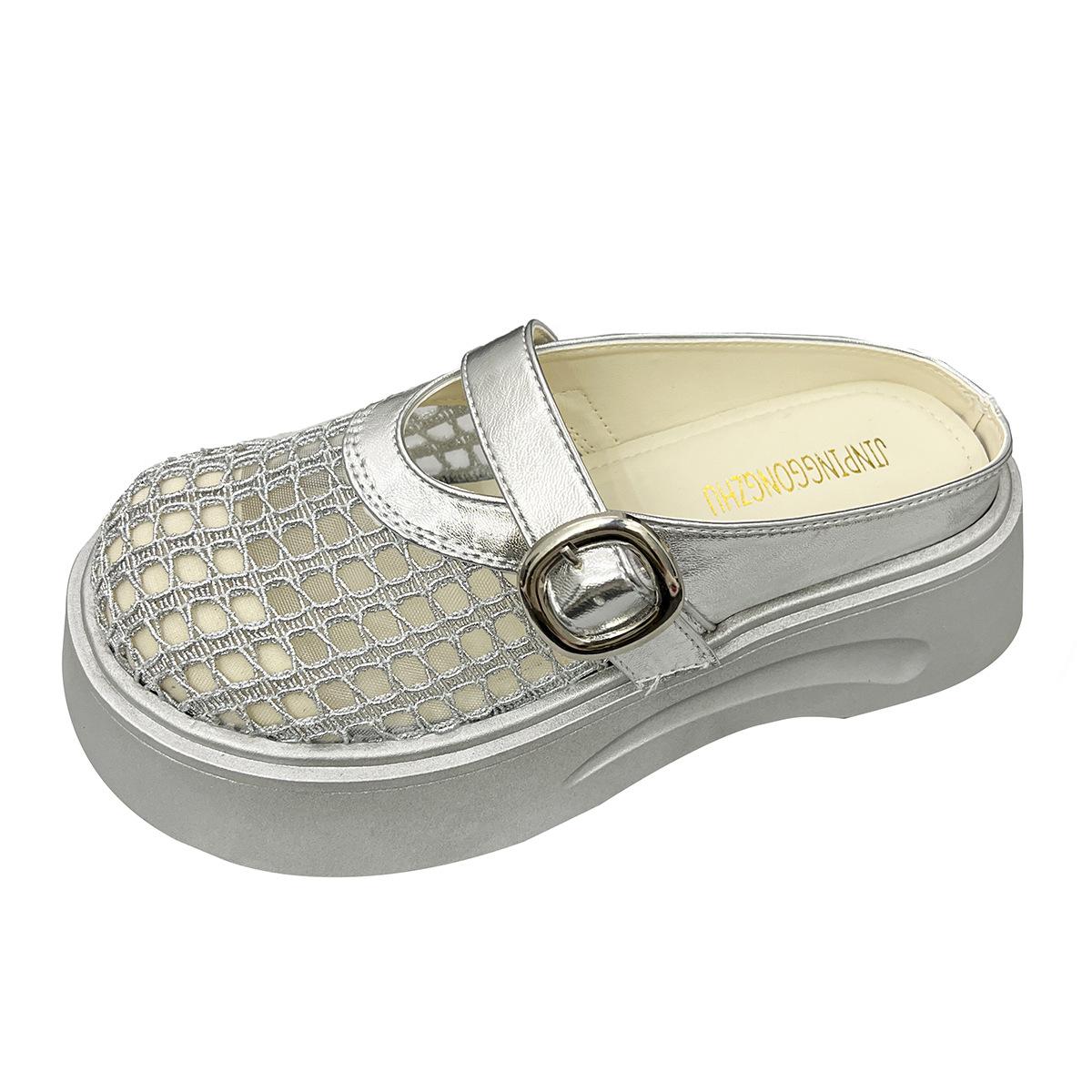 

Сетчатые тапочки Мэри Джейн, женские, лето 2025 г., новые, на толстой подошве, с пряжкой в виде одного слова, сандалии из полой сетки на высоком каблуке, туфли в сетку 40 серебряный