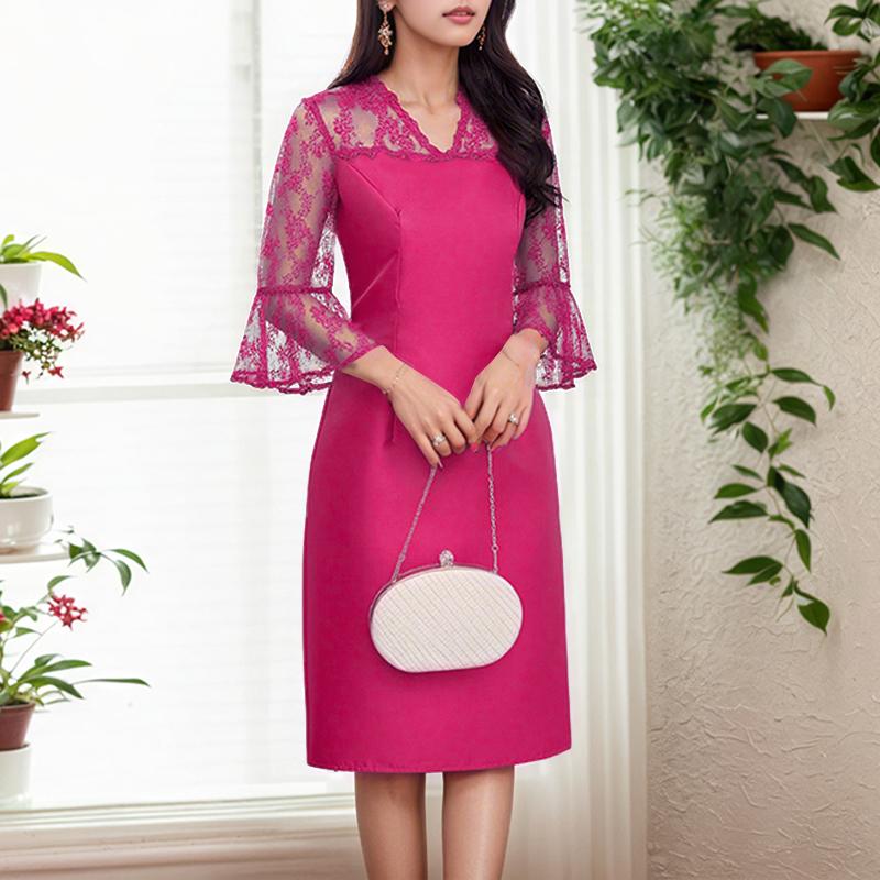 

ZANZEA Женское повседневное платье-футляр с V-образным вырезом и рукавами 3/4, кружевной вставкой 2XL