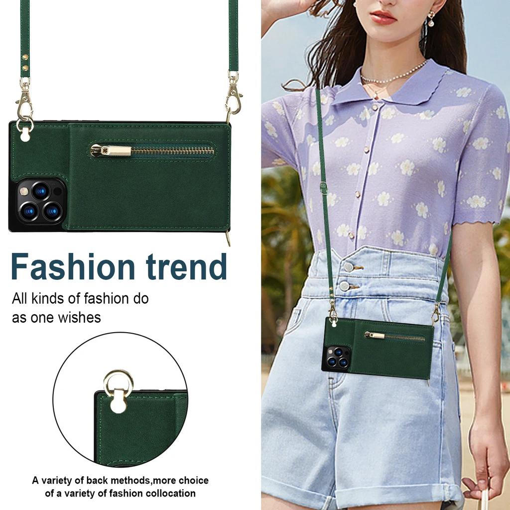 Crossbody Zipper Wallet for IPhone 16 16E 15 14 13 12 11 XR XS Pro Max Plus Case with Card Holder Lanyard Strap Leather Cover