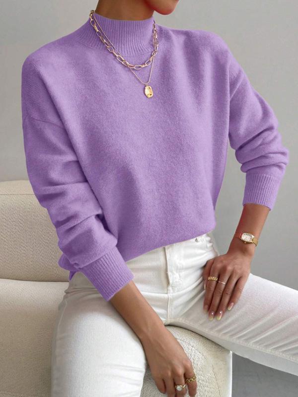 Women's Light Beige Ribbed High Neck Long Sleeve Knit Sweater