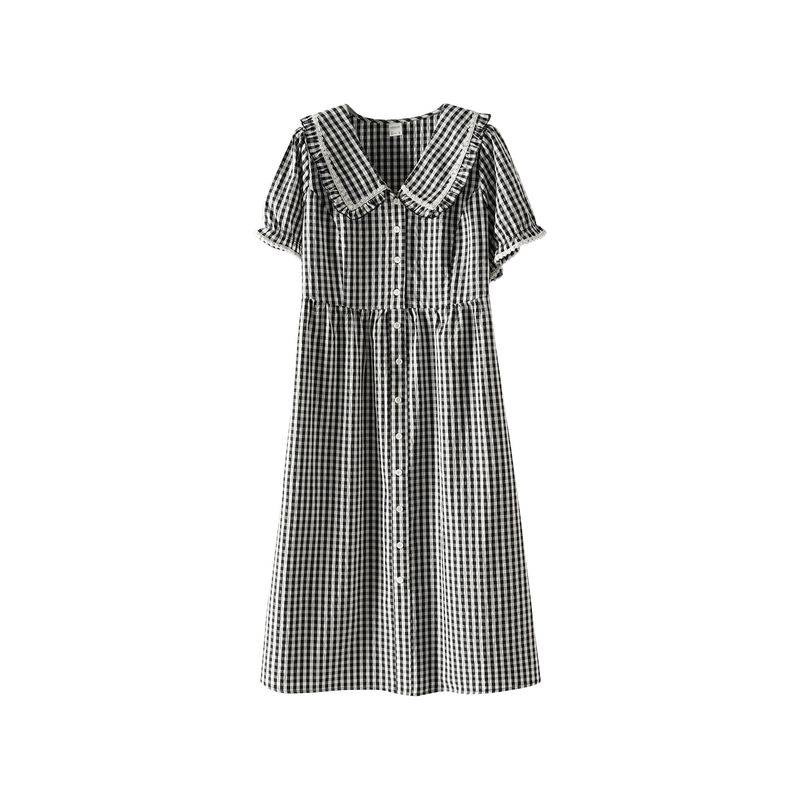 Plus size women clothing [Dew Fairy Tale] Summer French style Doll Collar Lace Stitching High Waist Slimming Plaid Dress