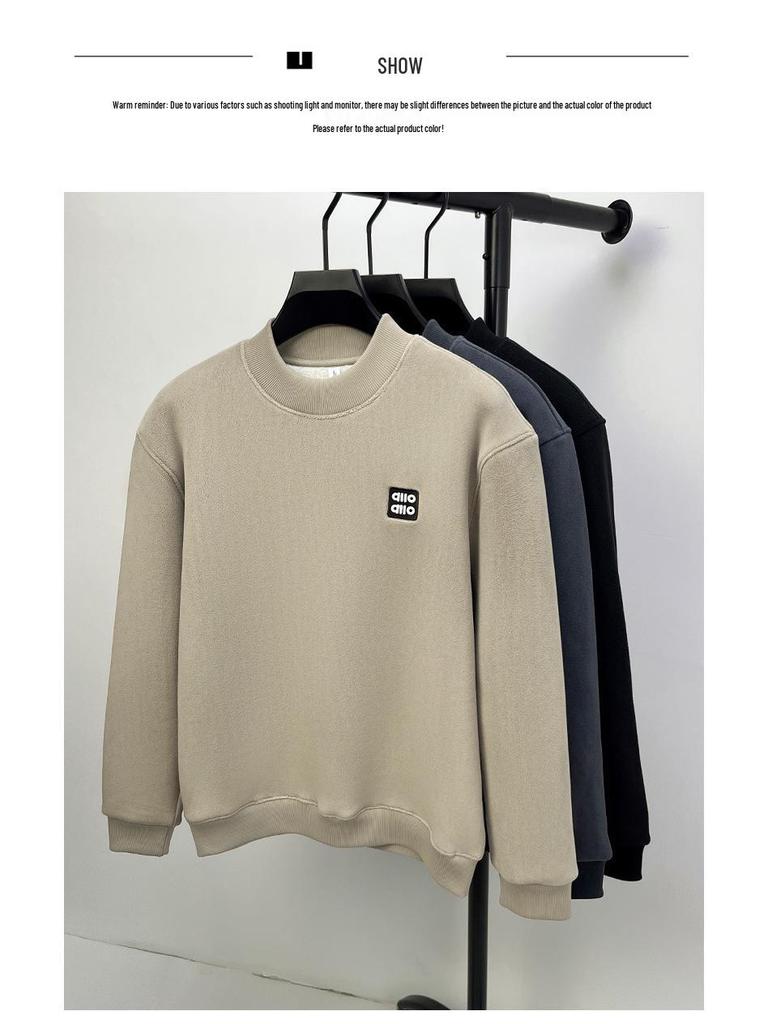 Men's Heavyweight Alpaca Wool Hoodie with Velvet Lining, Fleece-Lined, Versatile Round Neck Base Layer Shirt