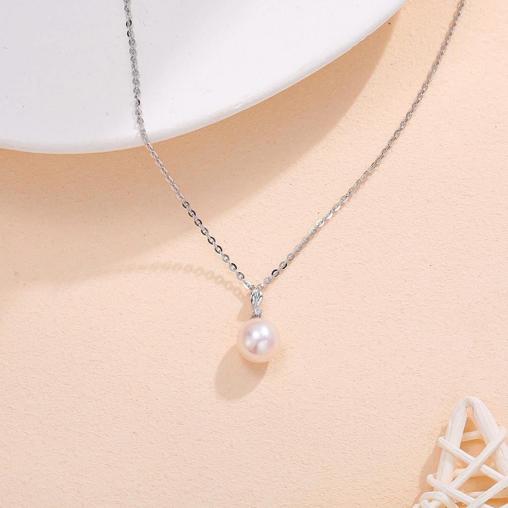 [FANCIME] Diamond Necklace for Women, K14 White Gold, Natural Freshwater Pearl (7-8mm), 1 Pearl, Lab-Grown Diamond, Pearl Bud Design, Silver Chain, Lu
