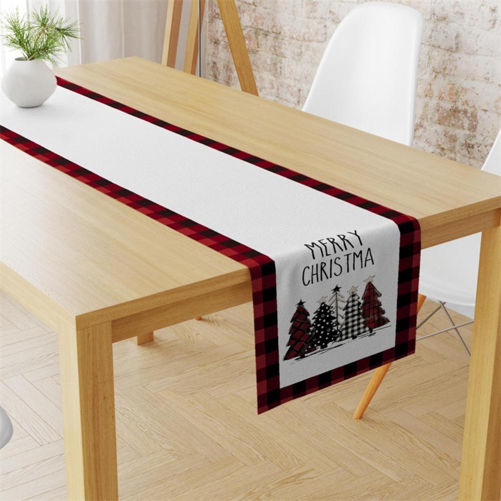 Festive Christmas Table Runner with Holiday Print Linen Table Cover for Home Decor