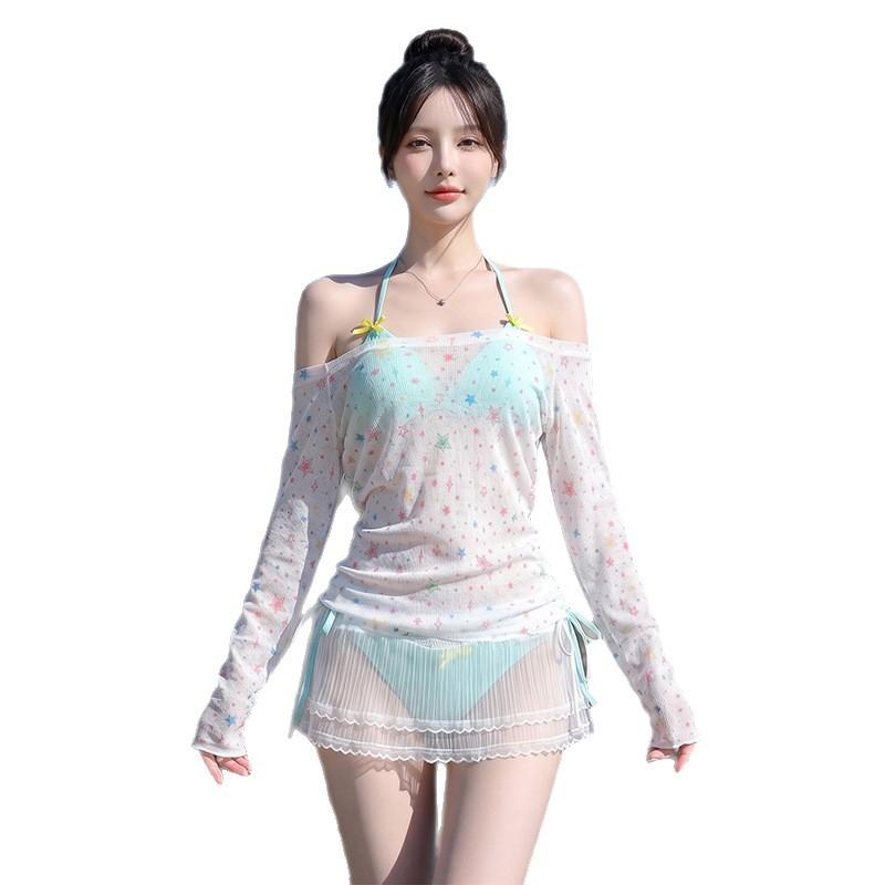 1011 new bikini swimsuit women's small breasts sexy pure desire neck long sleeve sunscreen hot spring vacation beautiful swimsuit