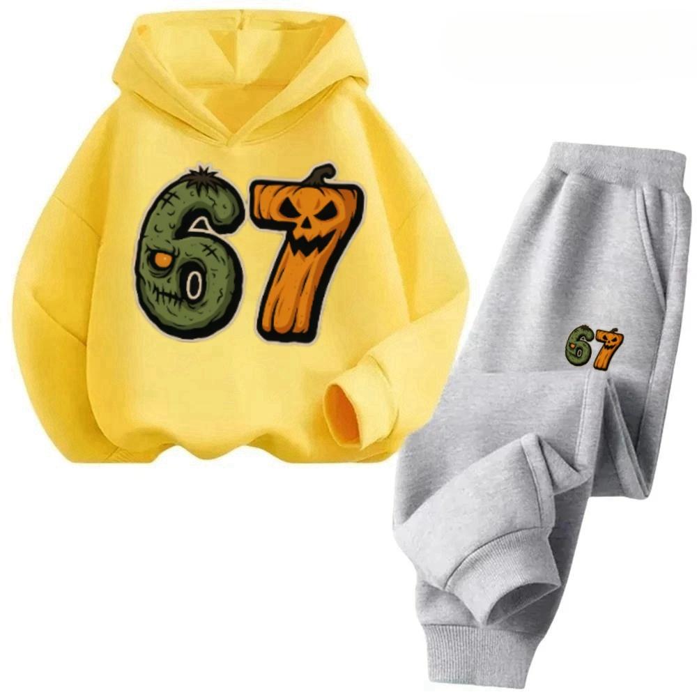 67 Number Meme Print Hooded Tracksuit - Funny Year Old Kid Design  Regular Tracksuit, Spring and Autumn - Hoodie and Slacks Set