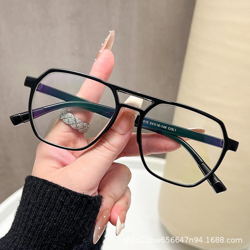 Korean Style Retro Geometric Women's Glasses Frame: Large, Double Bridge, Anti-Blue Light, Flat Lenses