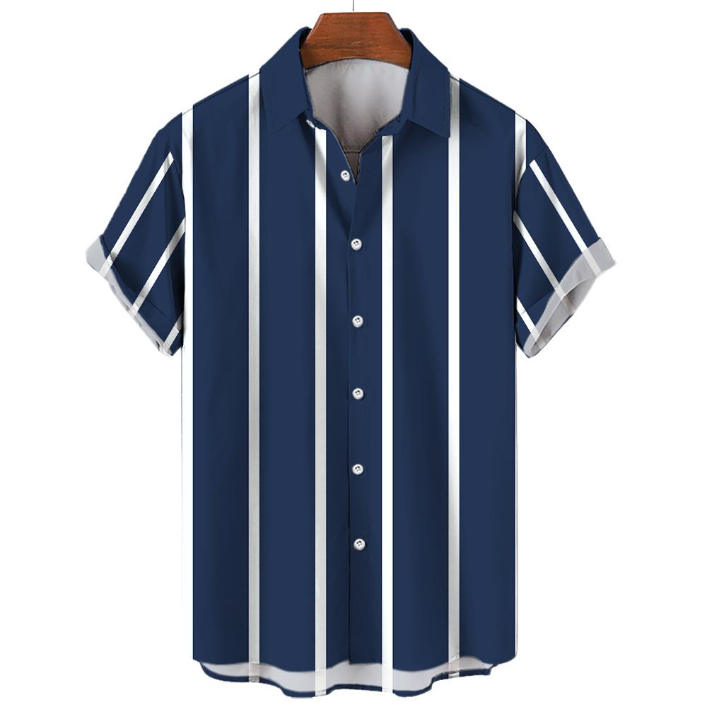 Men's Summer Stripes Casual Shirt Hawaiian3d Print Short Sleeve Beachwear Vacation Fashion Social Lapel Button Oversized Clothing