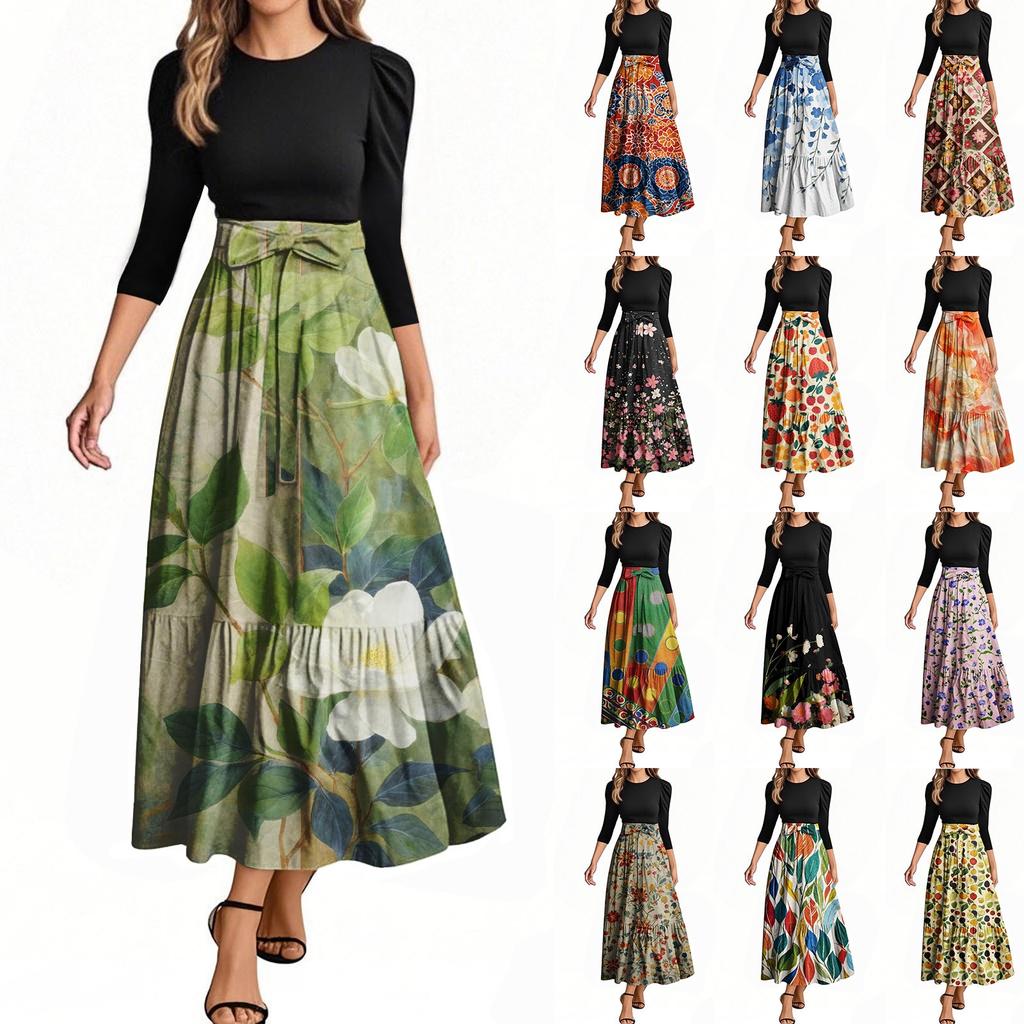 Rochii de damă la modă, casual, cu mâneci trei sferturi, cu guler rotund, cu imprimeu floral, elegante, cu temperament