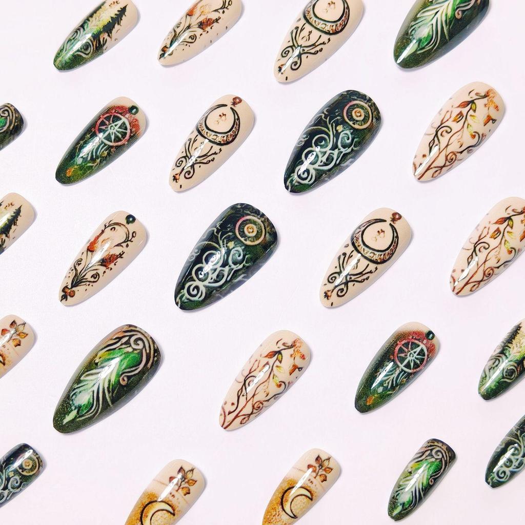 Retro Moon Leaves Nail Art Tips - Medium Almond Shape, 24-Piece Set