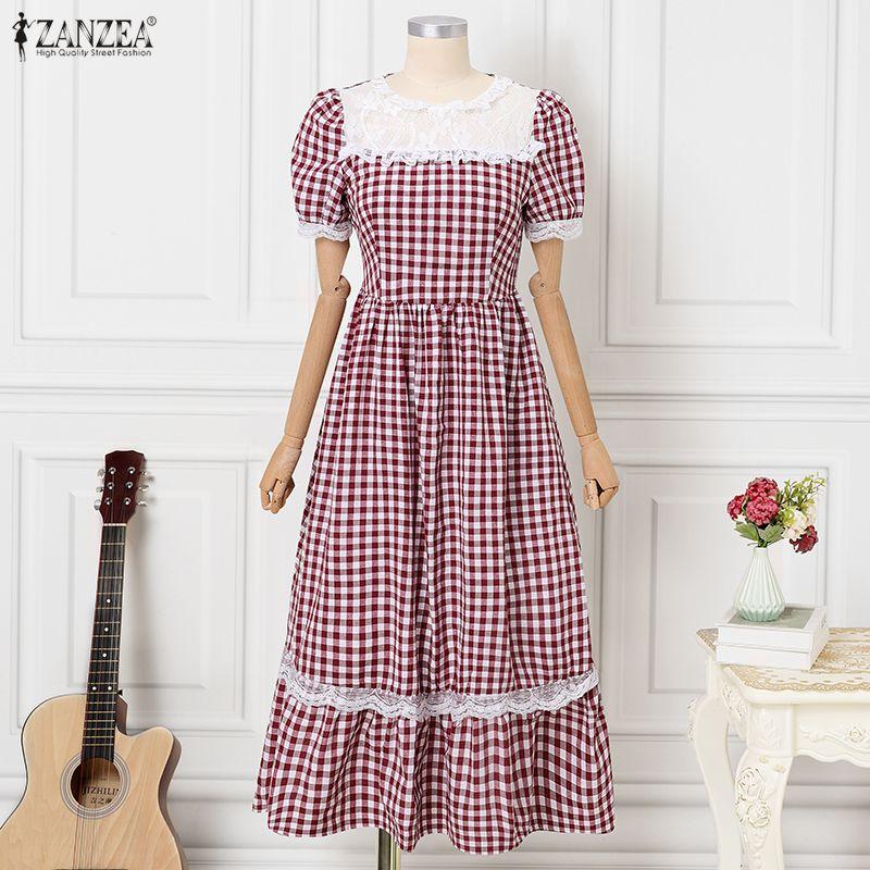 ZANZEA Abito Lungo da Donna Casual a Manica Corta con Scollo Tondo e Inserti in Pizzo con Stampa a Quadri