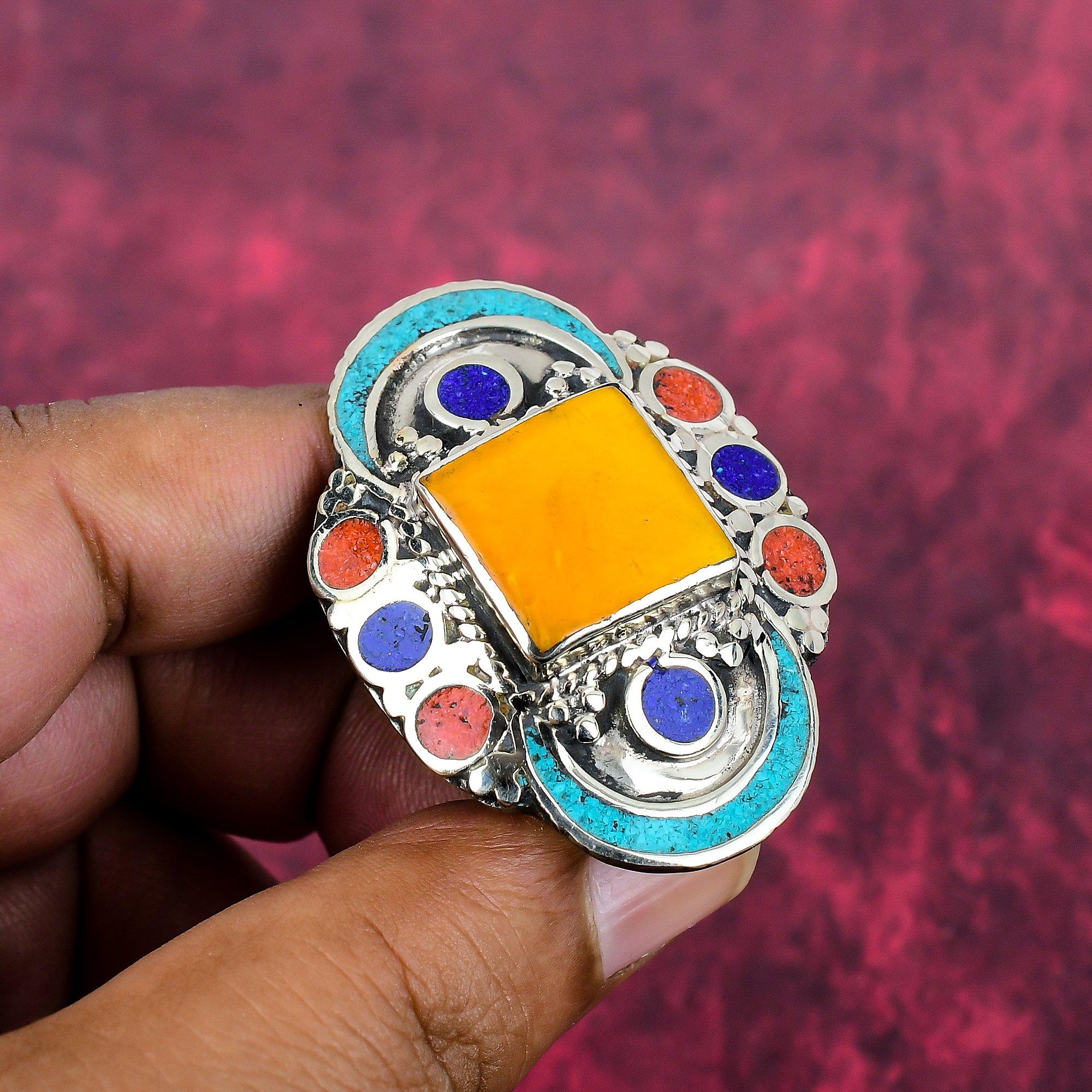 

Turquoise, Coral & Lapis Lazuli Sterling Silver Nepali Ring, Handmade Gemstone Ring Jewelry, Gifts For Love Brand New Adjustable Ring