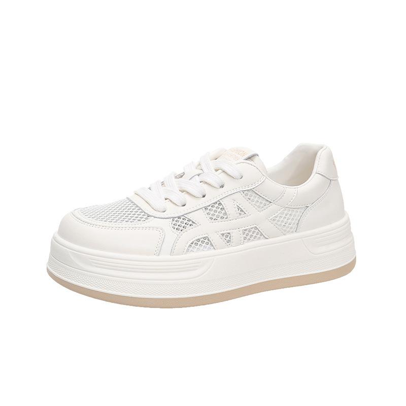 Summer mesh breathable hollow soft leather little white shoes women's shoes 2025 new thick-soled heightening casual sports board shoes