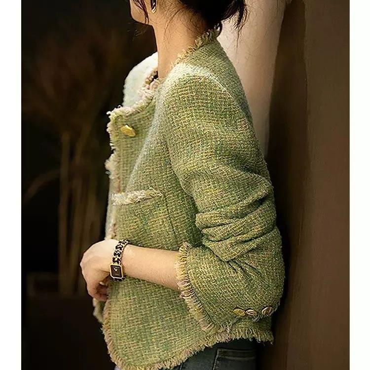 

Women Korean Fashion Tweed Jackets Tops Casual O-neck Single Breasted Spring Autumn Fall Elegant Long Sleeve Manteau Blusas S