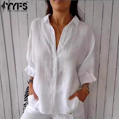 Women's Fashion Casual Spring Fall Solid Color Print 3/4 Sleeves POLO Neck Blouses & Shirts